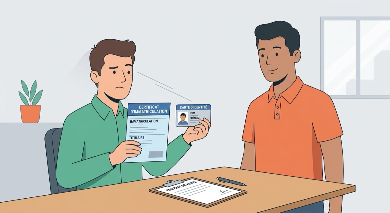 acheteur comparant le certificat d'immatriculation et la pièce d'identité du vendeur avant une transaction