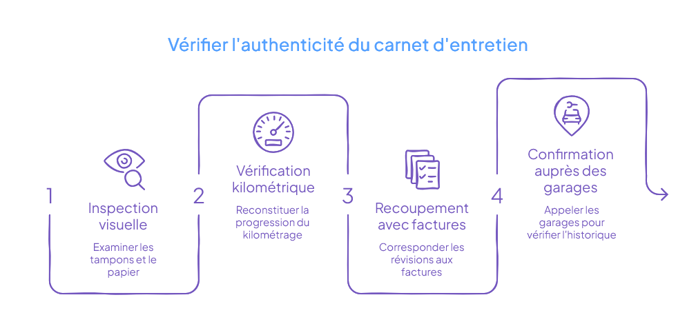 Les 4 étapes pour vérifier l'authenticité du carnet d'entretien : inspection visuelle des tampons, vérification kilométrique, recoupement avec les factures et confirmation auprès des garages