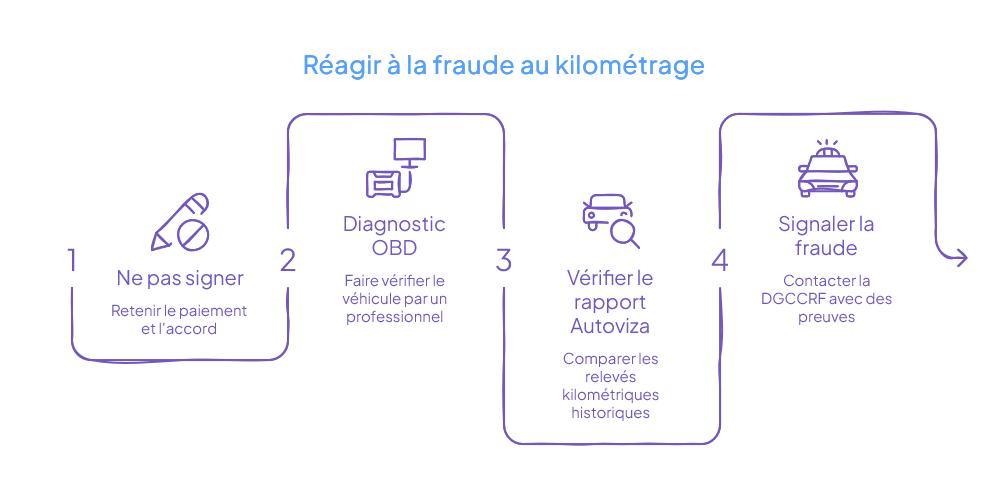 Infographie des étapes à suivre en cas de suspicion de fraude au kilométrage : ne pas signer, faire un diagnostic OBD, vérifier le rapport Autoviza, signaler la fraude à la DGCCRF