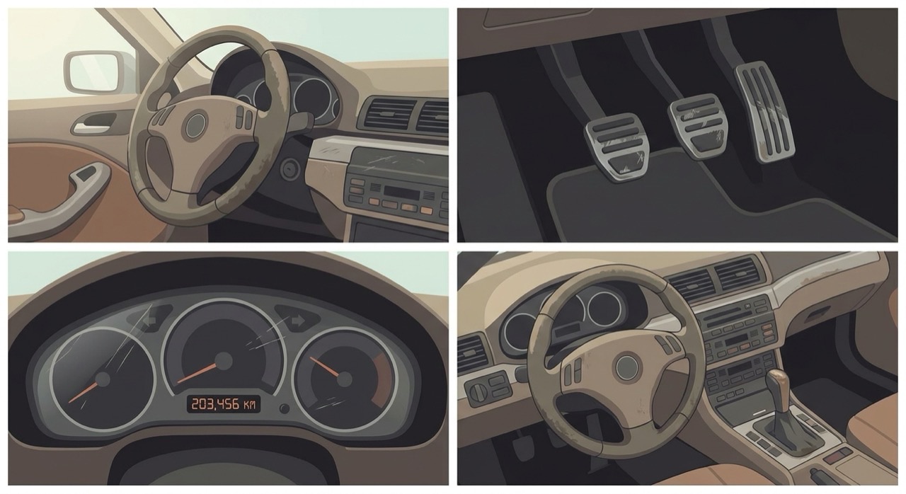 Détail de l'intérieur d'une voiture montrant l'usure des commandes et du tableau de bord, indices utiles pour repérer un trafic de kilométrage