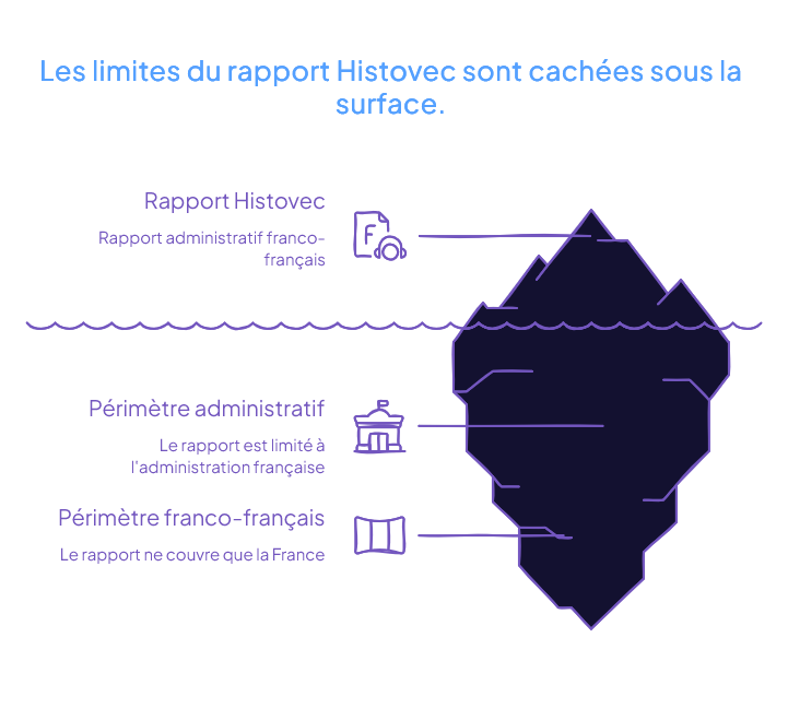 Infographie récapitulant les angles morts du rapport Histovec : sinistres non déclarés invisibles, historique avant importation inaccessible, kilométrage affiché mais non recoupé, données limitées pour les véhicules immatriculés avant 2009