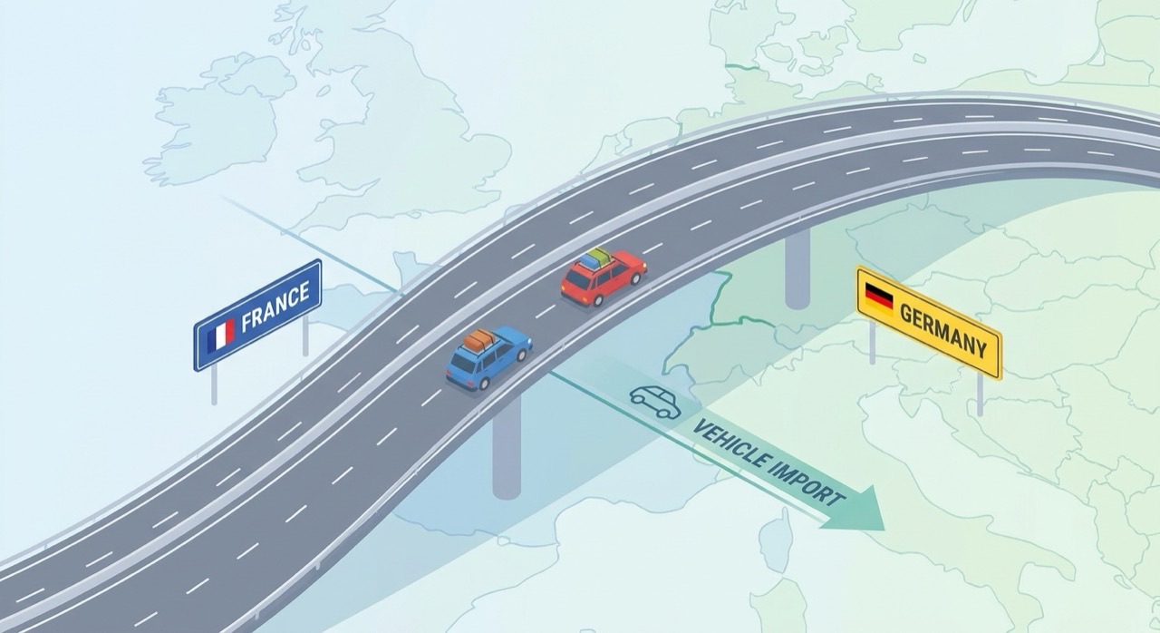 Image montrant des véhicules sur une autoroute européenne avec des panneaux de frontière, illustrant la limite géographique d'HistoVec qui ne couvre que les immatriculations françaises