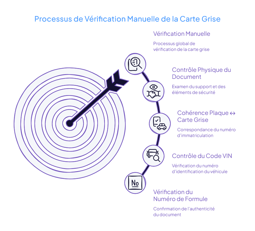 Infographie du processus de vérification manuelle de la carte grise en quatre étapes : contrôle physique du document, cohérence plaque et carte grise, contrôle du code VIN et vérification du numéro de formule