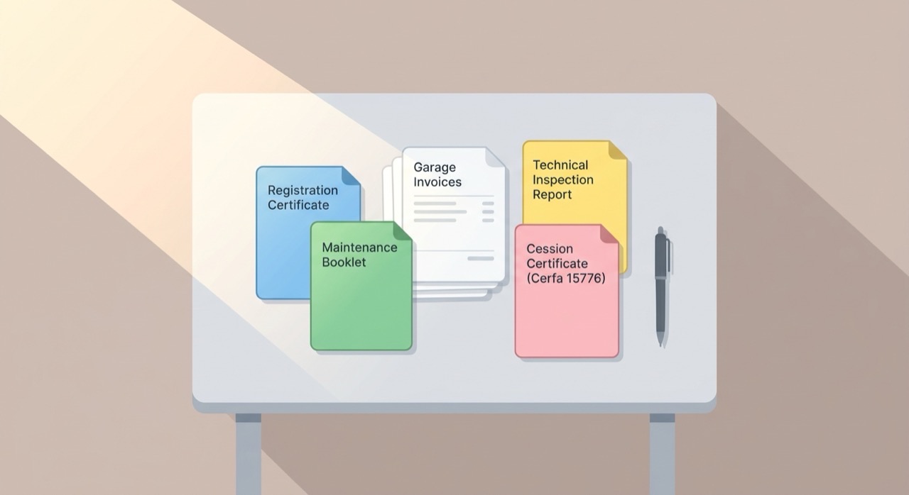 Mise en scène des documents automobiles à vérifier : carte grise, carnet d'entretien, factures, contrôle technique et certificat de cession