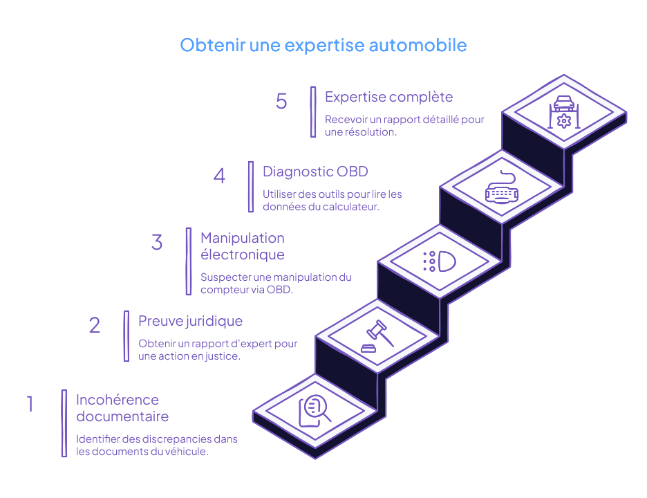 Infographie en escalier des cinq étapes pour obtenir une expertise automobile : incohérence documentaire, preuve juridique, manipulation électronique, diagnostic OBD, expertise complète
