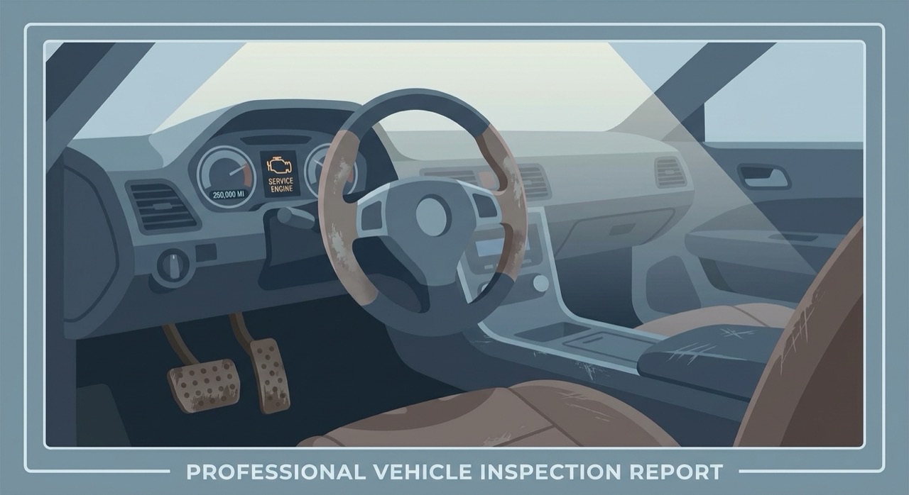 Vue détaillée de l'intérieur d'une voiture montrant les signes d'usure typiques : volant usé, cuir craquelé, pédales polies