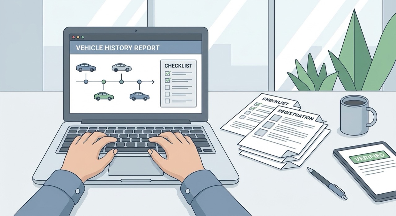 Illustration d'une personne vérifiant un rapport d'historique automobile sur son ordinateur portable avec documents administratifs
